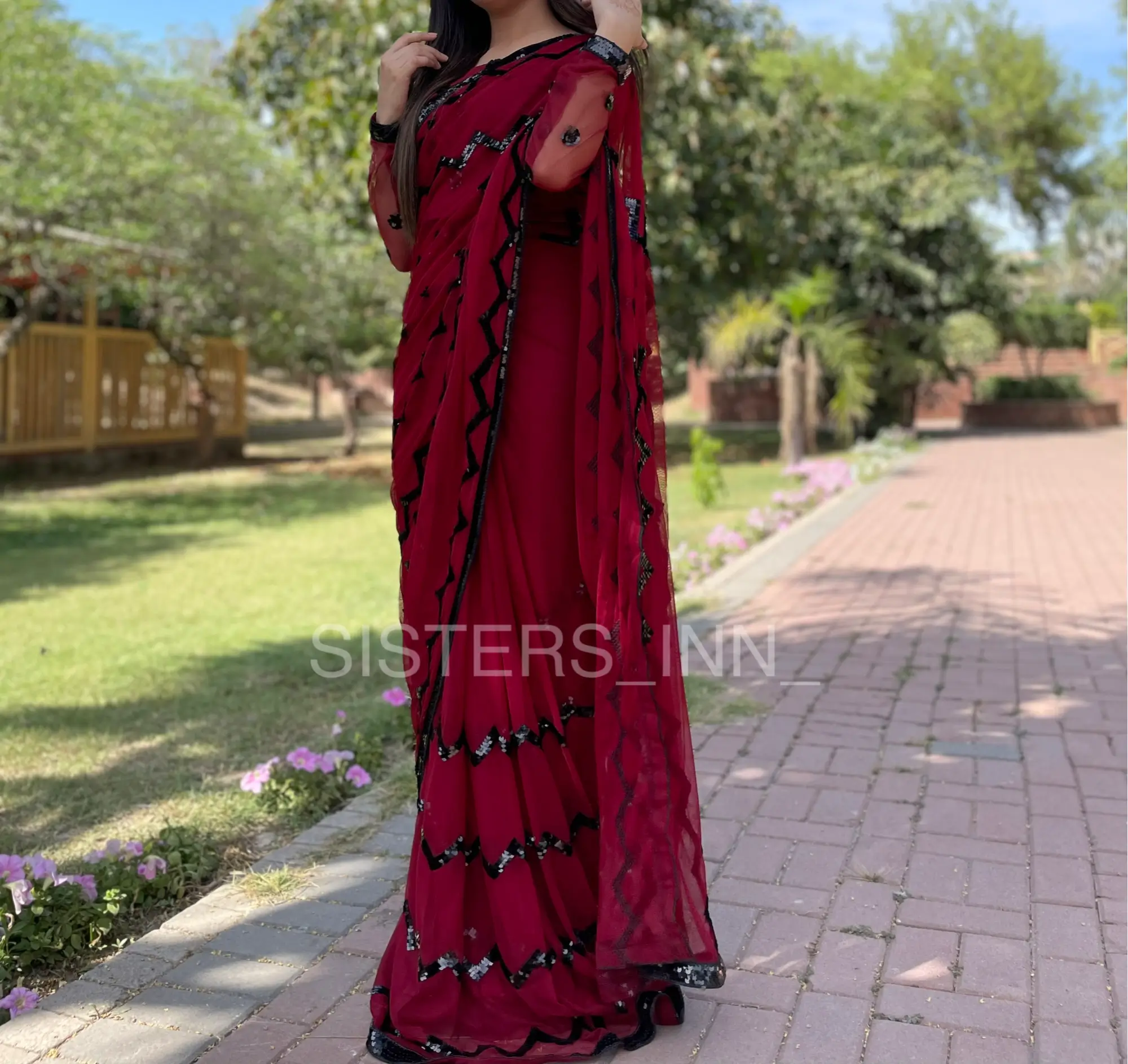 mehroon chiffon saaree - Image 5