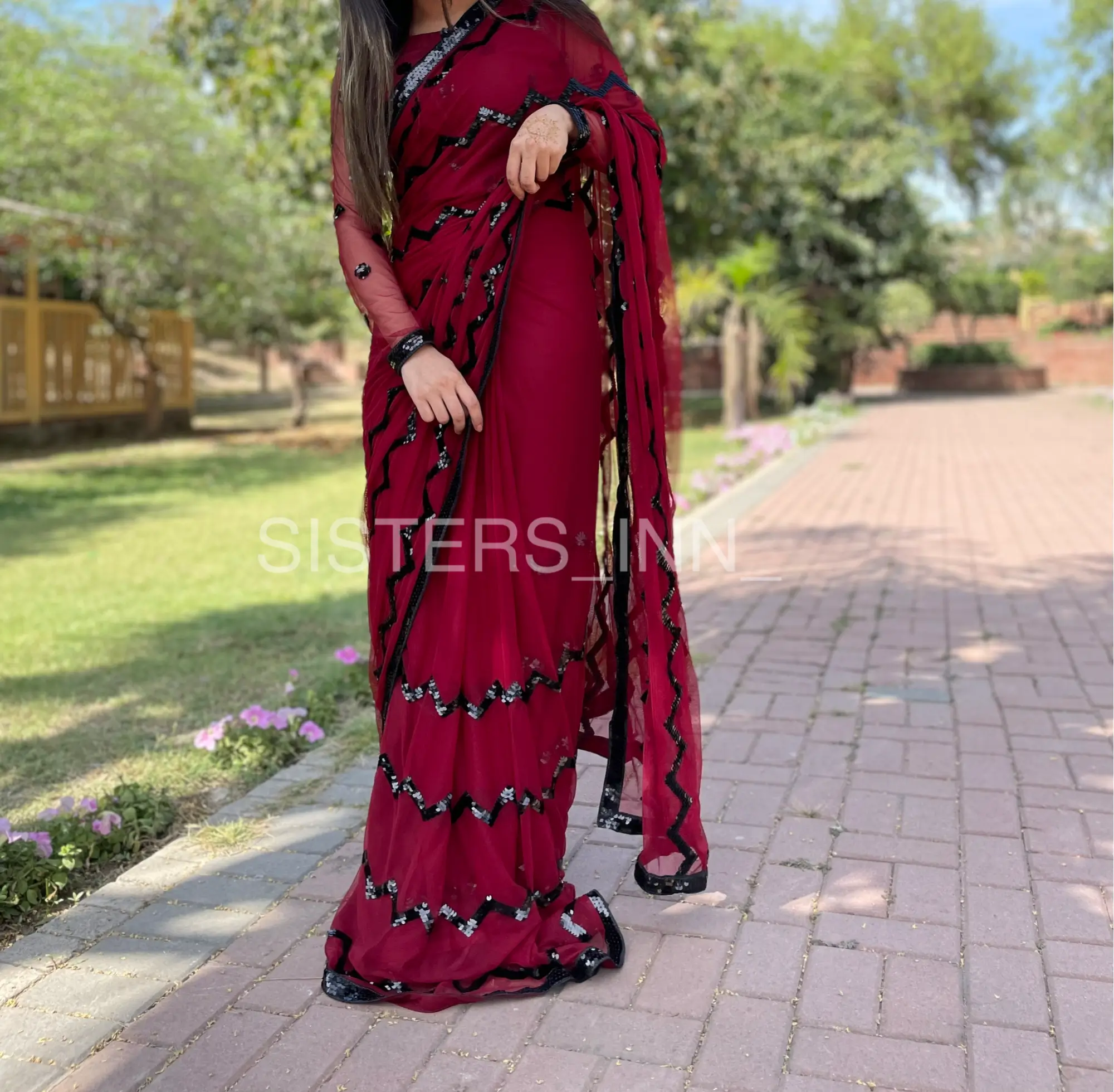 mehroon chiffon saaree - Image 6